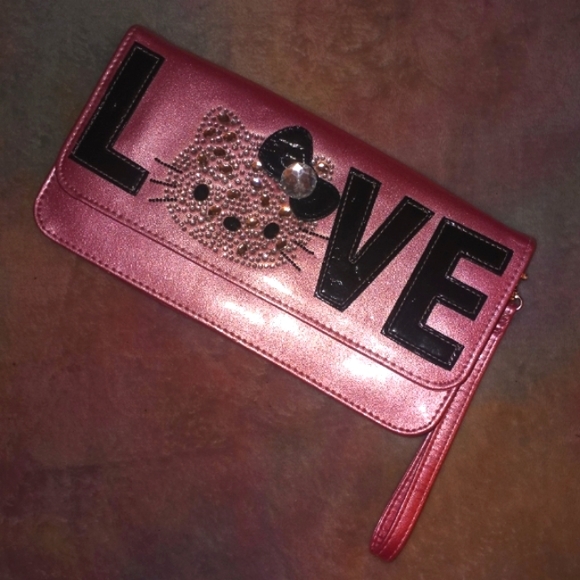 Hello Kitty Loungefly Barbie Pink Metallic Rhinestone Love Wristlet Clutch - Picture 3 of 16